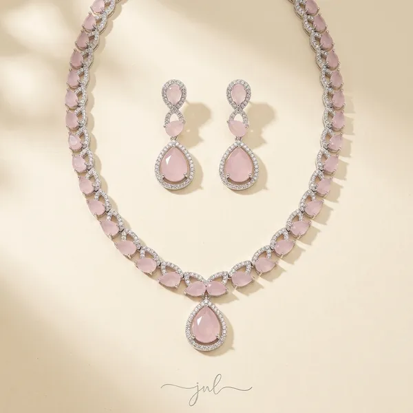 Pink_Alloy_Silver_Tone_Gemstone_Teardrop_Necklace_Set_For_Women