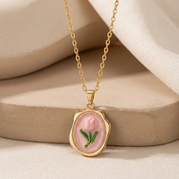 Pink_Alloy_Gold_Plated_Tulip_Flower_Pendant_Necklace_For_Women