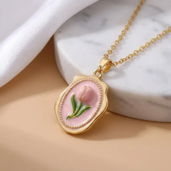 Pink_Alloy_Gold_Plated_Tulip_Flower_Pendant_Necklace_For_Women