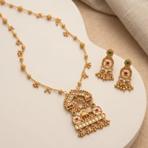 Gold_Plated_Alloy_Temple_Elephant_Pendant_Necklace_Set_With_Earrings