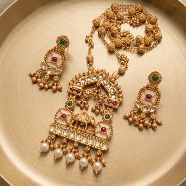 Gold_Plated_Alloy_Temple_Elephant_Pendant_Necklace_Set_With_Earrings