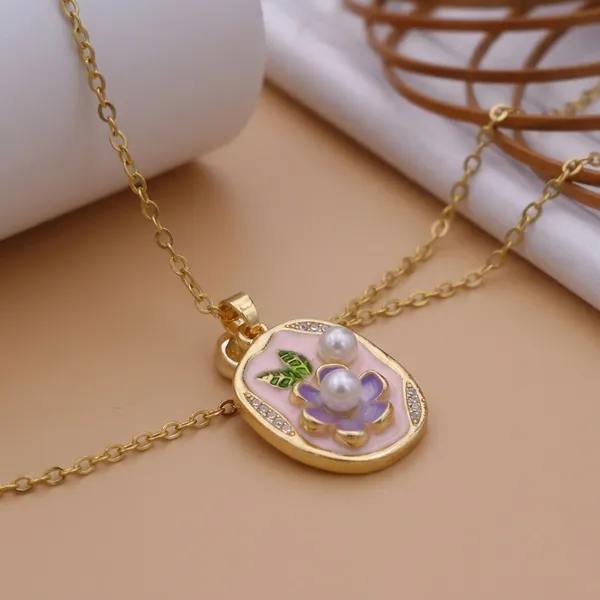Gold_Alloy_Floral_Enamel_Oval_Pendant_Necklace_For_Women