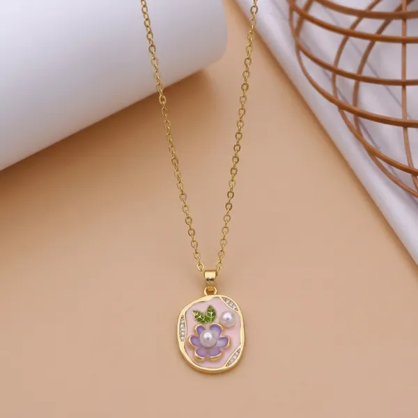 Gold_Alloy_Floral_Enamel_Oval_Pendant_Necklace_For_Women