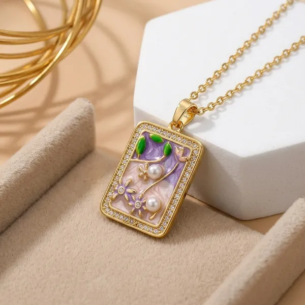 Gold_Alloy_Floral_Enamel_Rectangular_Pendant_Necklace_For_Women