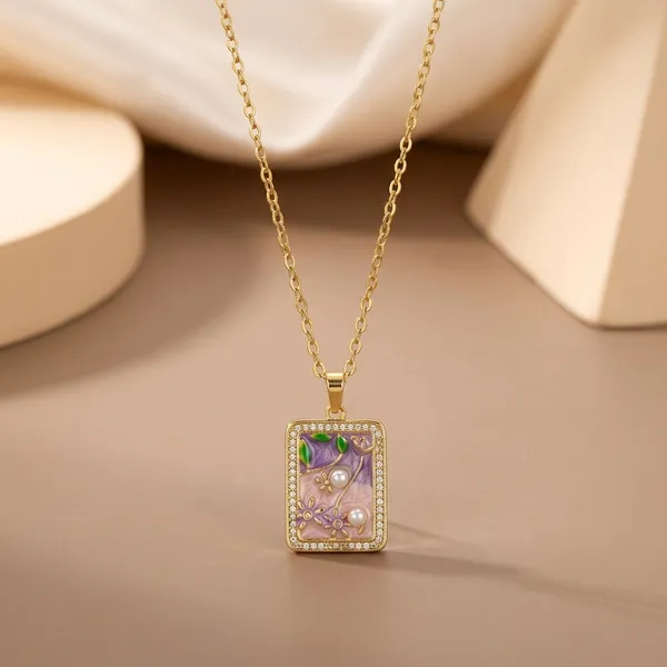 Gold_Alloy_Floral_Enamel_Rectangular_Pendant_Necklace_For_Women