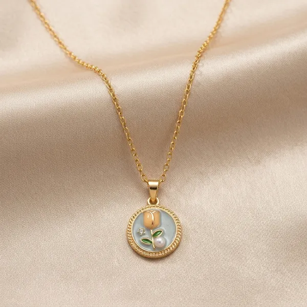 Blue_Gold_Alloy_Floral_Enamel_Circular_Pendant_Necklace_For_Women