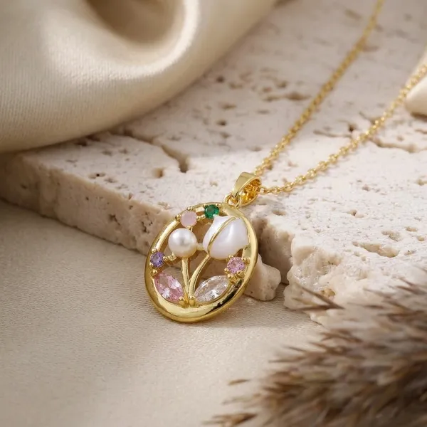 Gold_Alloy_Pressed_Flower_Oval_Pendant_Necklace_For_Women