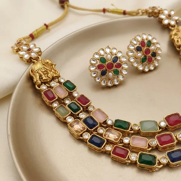 Multicolor_Gold_Plated_Alloy_Kundan_Three-Layer_Necklace_Set_For_Women