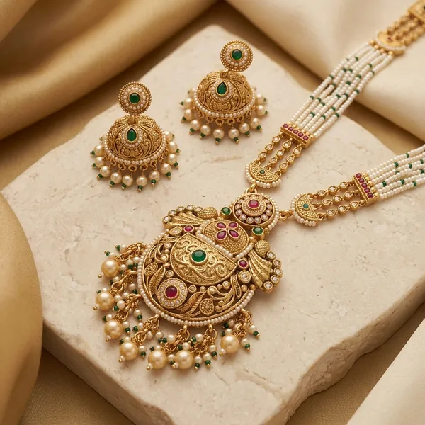 Antique_Gold_Plated_Alloy_Pearl_Beaded_Necklace_Set_With_Jhumkas