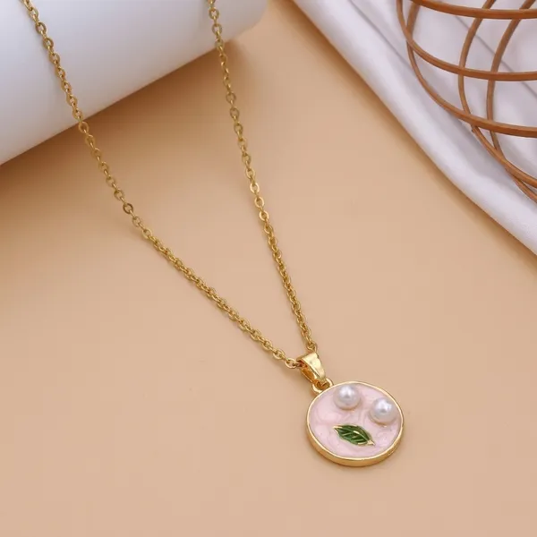 Pink_Alloy_Enamel_Pearl_Leaf_Round_Pendant_Necklace_For_Women