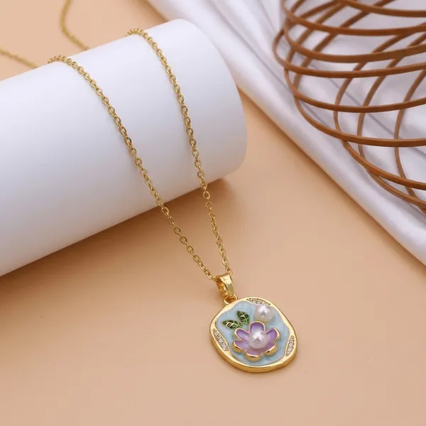 Blue_Alloy_Floral_Enamel_Pearl_Pendant_Necklace_For_Women