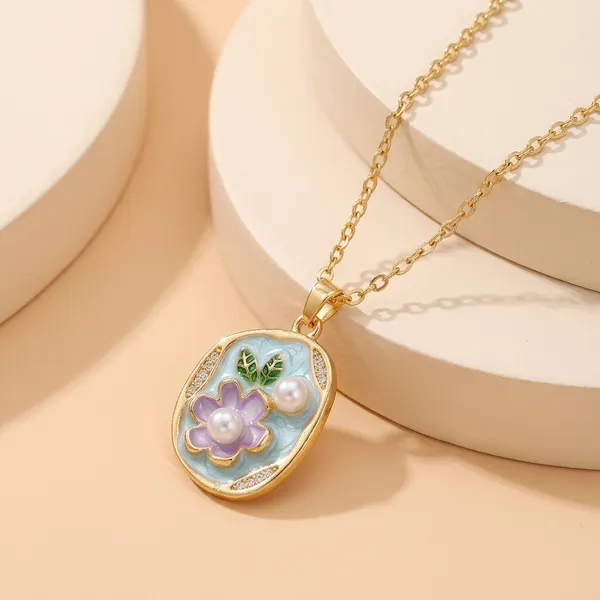 Blue_Alloy_Floral_Enamel_Pearl_Pendant_Necklace_For_Women