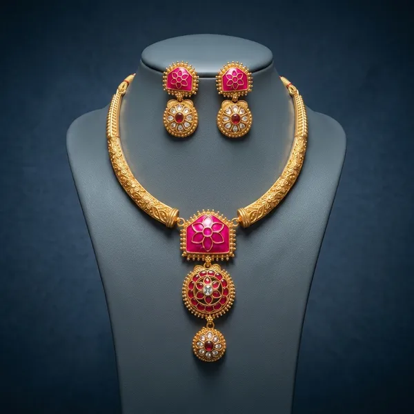 Gold_Plated_Alloy_Ruby_Red_Floral_Square_Pendant_Necklace_Set_For_Women