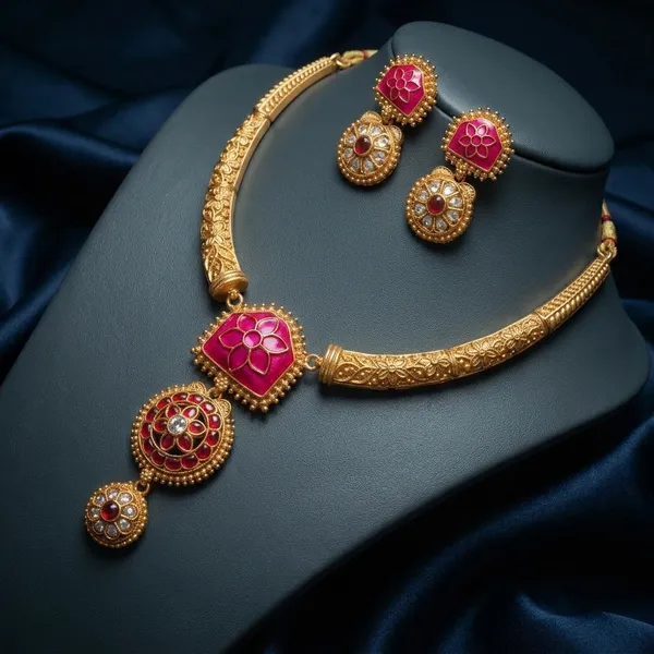 Gold_Plated_Alloy_Ruby_Red_Floral_Square_Pendant_Necklace_Set_For_Women