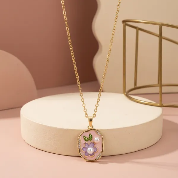 Pink_Alloy_Enamel_Floral_Oval_Pendant_Necklace_For_Women