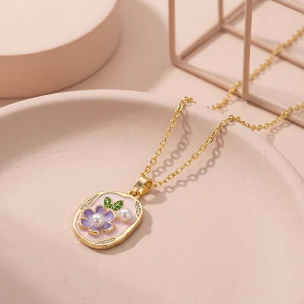 Pink_Alloy_Enamel_Floral_Oval_Pendant_Necklace_For_Women