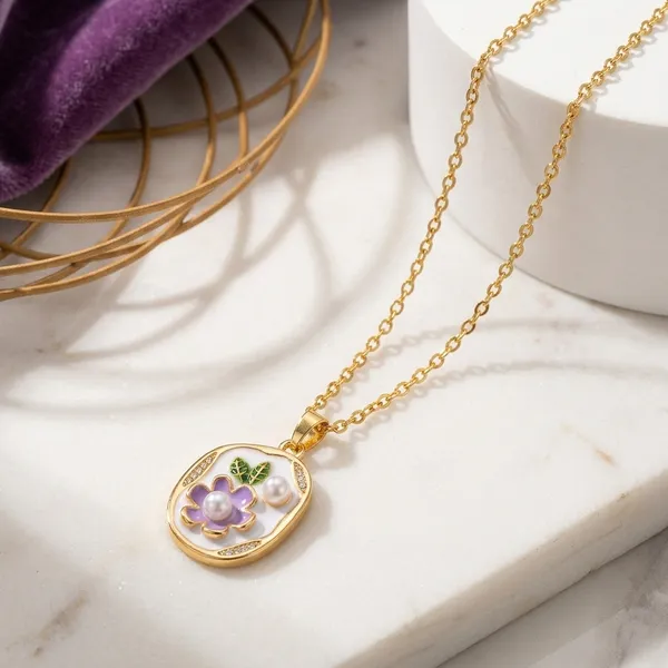 Purple_Alloy_Enamel_Floral_Oval_Pendant_Necklace_For_Women