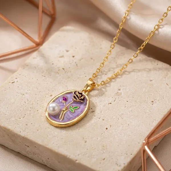 Purple_Alloy_Enamel_Floral_Oval_Pendant_Necklace_For_Women
