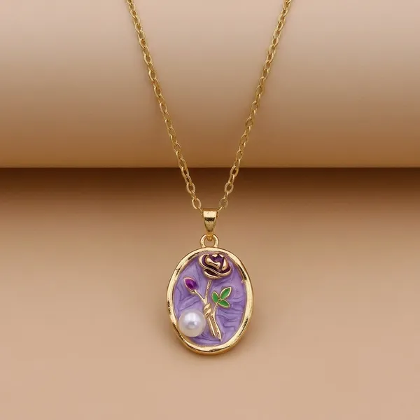Purple_Alloy_Enamel_Floral_Oval_Pendant_Necklace_For_Women