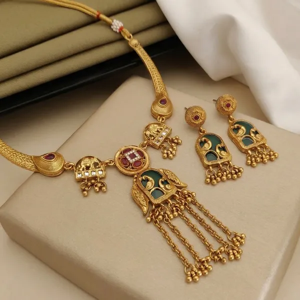 Gold_Alloy_Green_Enamel_Peacock_Motif_Necklace_Set_With_Earrings