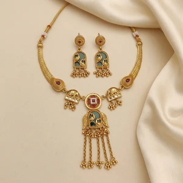 Gold_Alloy_Green_Enamel_Peacock_Motif_Necklace_Set_With_Earrings