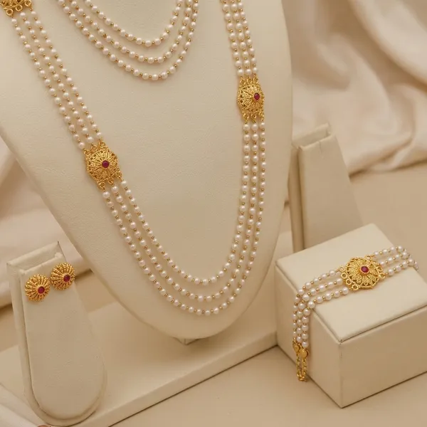 White_Alloy_Gold_Plated_Pearl_Mala_Bracelet_Combo_Set_With_Earrings