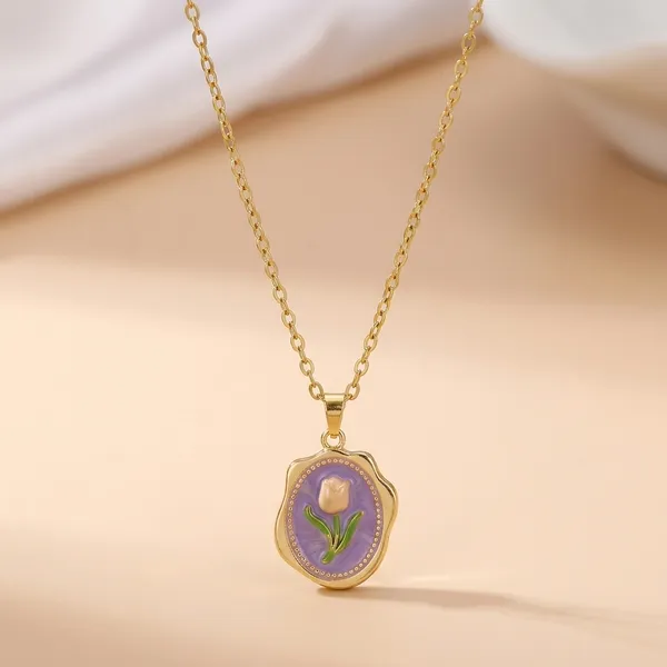 Purple_Alloy_Enamel_Tulip_Floral_Pendant_Necklace_For_Women