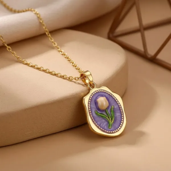 Purple_Alloy_Enamel_Tulip_Floral_Pendant_Necklace_For_Women