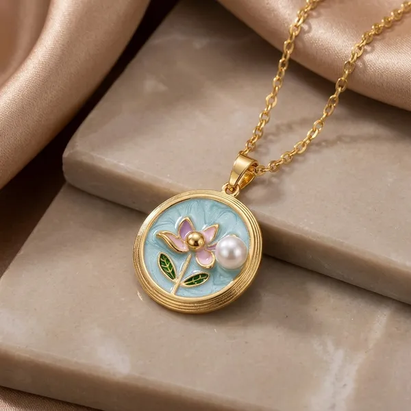 Blue_Alloy_Enamel_Lotus_Floral_Round_Pendant_Necklace_For_Women