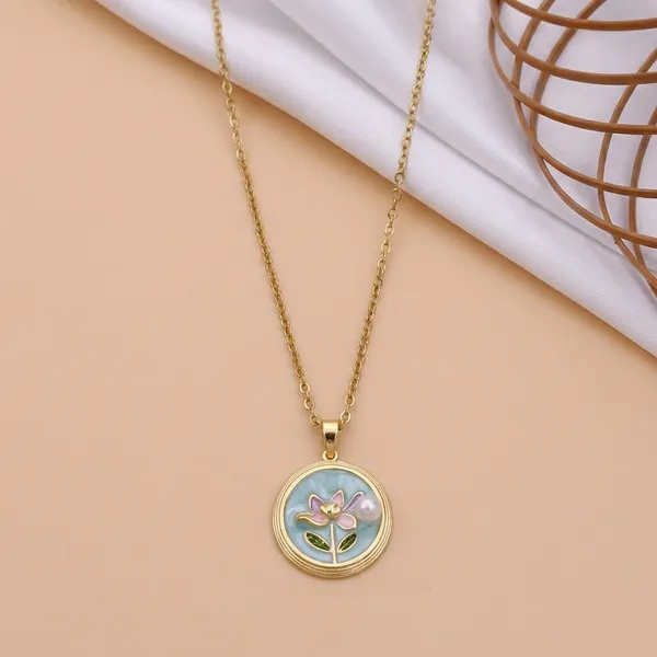Blue_Alloy_Enamel_Lotus_Floral_Round_Pendant_Necklace_For_Women