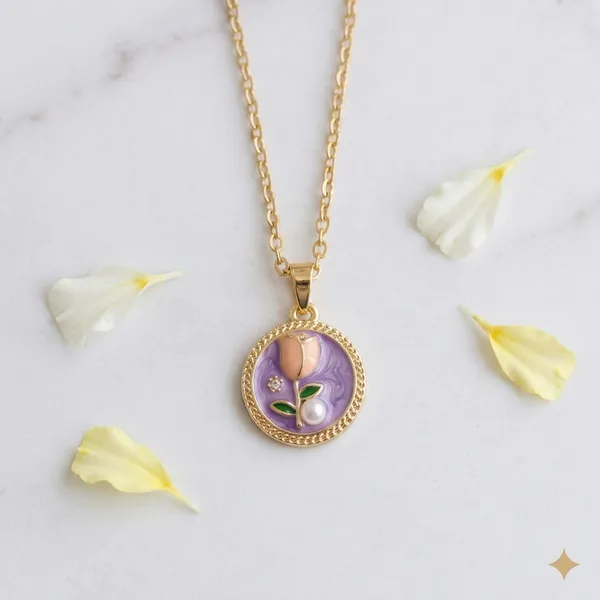 Purple_Alloy_Enamel_Floral_Round_Pendant_Necklace_For_Women