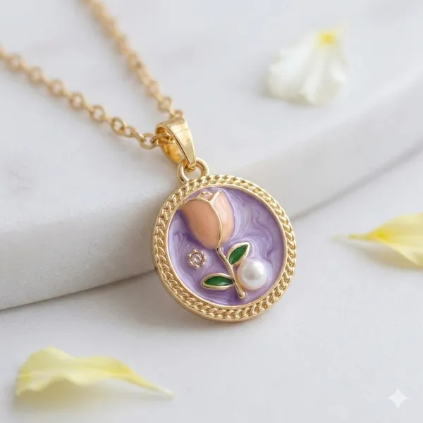 Purple_Alloy_Enamel_Floral_Round_Pendant_Necklace_For_Women