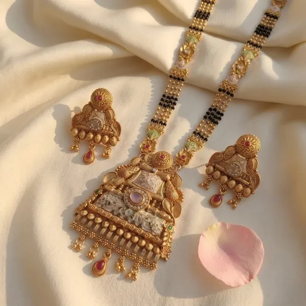 Gold_Plated_Alloy_Temple_Design_Mangalsutra_Set_With_Earrings