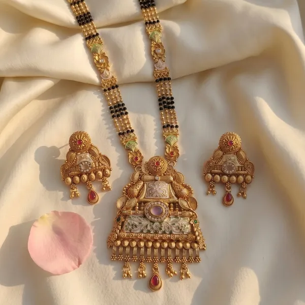 Gold_Plated_Alloy_Temple_Design_Mangalsutra_Set_With_Earrings