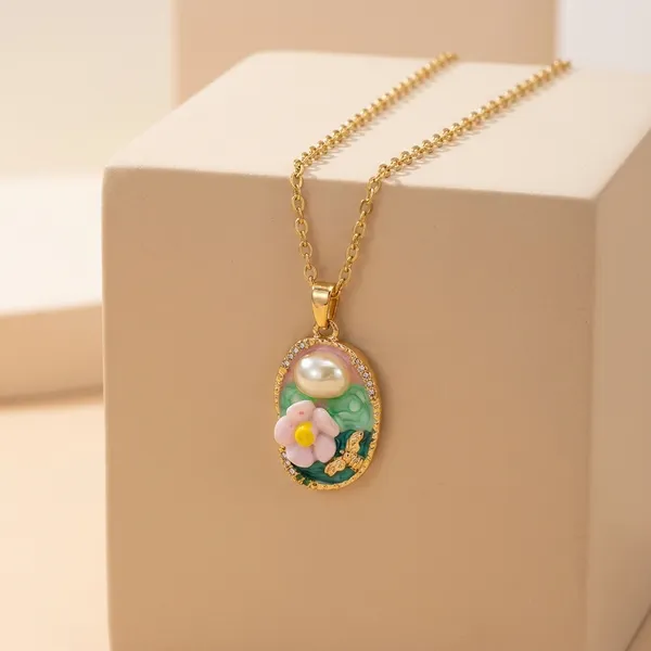 Gold_Alloy_Floral_Enamel_Oval_Pendant_Necklace_For_Women