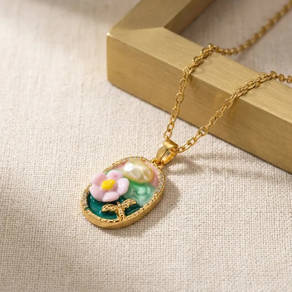 Gold_Alloy_Floral_Enamel_Oval_Pendant_Necklace_For_Women