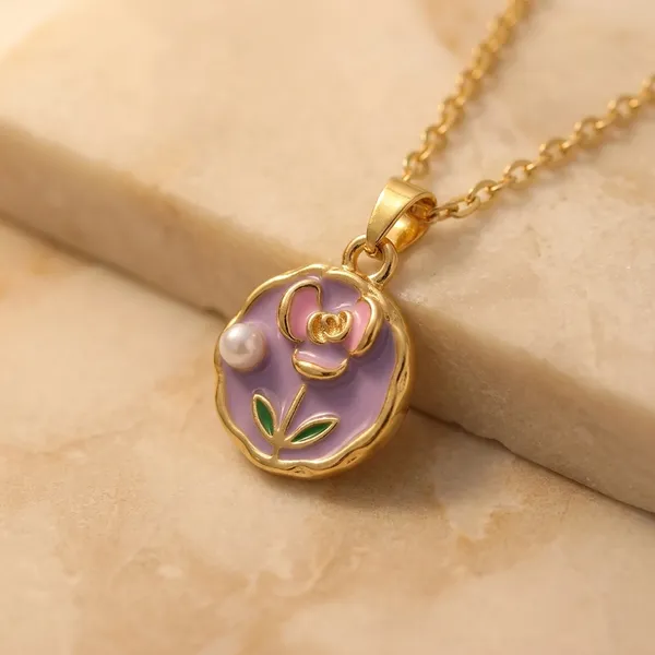 Gold_Plated_Alloy_Purple_Enamel_Floral_Pendant_Necklace_For_Women