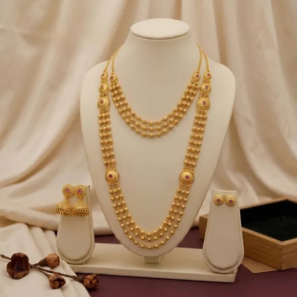 Gold_Plated_Brass_Multi-Layer_Mala_Necklace_Set_With_Jhumka_Earrings