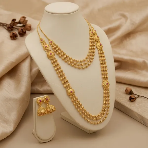 Gold_Plated_Brass_Multi-Layer_Mala_Necklace_Set_With_Jhumka_Earrings
