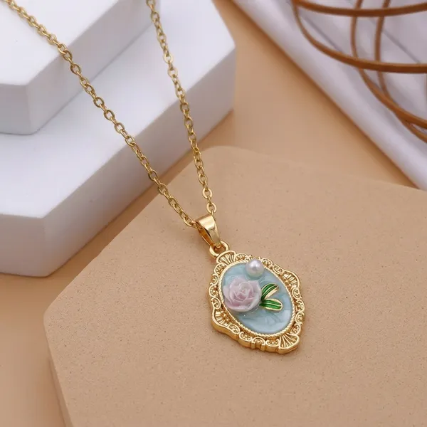 Gold_Alloy_Pink_Green_Floral_Enamel_Pendant_Necklace_For_Women