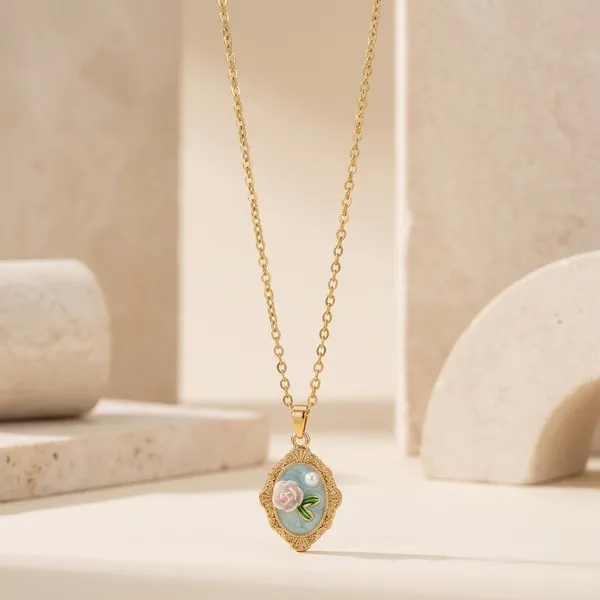 Gold_Alloy_Pink_Green_Floral_Enamel_Pendant_Necklace_For_Women