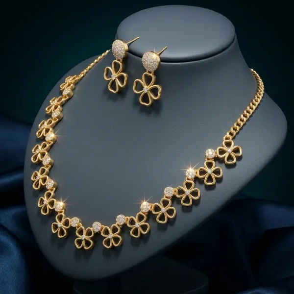 Gold_Alloy_Four_Leaf_Clover_Necklace_Set_For_Women