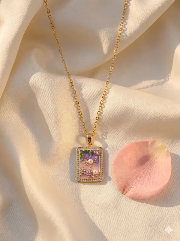 Gold_Alloy_Floral_Enamel_Rectangular_Pendant_Necklace_For_Women