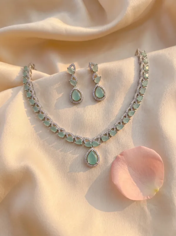 Blue_Alloy_Cz_Turquoise_Teardrop_Pendant_Necklace_Set_For_Women