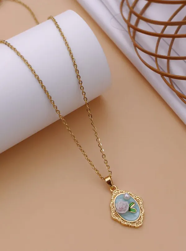 Gold_Alloy_Pink_Green_Floral_Enamel_Pendant_Necklace_For_Women