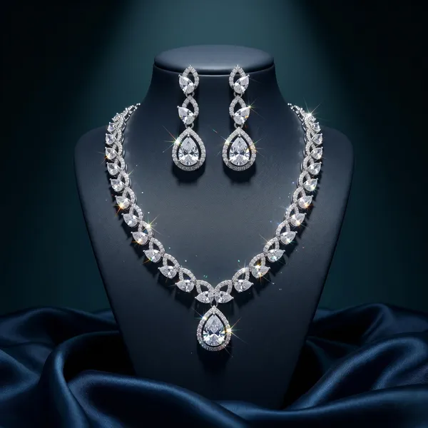 Silver_Alloy_Cubic_Zirconia_Teardrop_Pendant_Necklace_Set_For_Women
