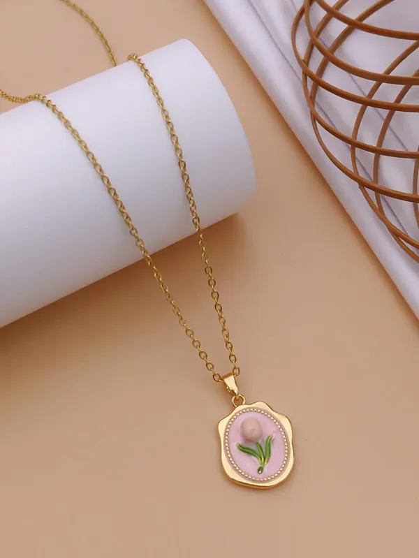 Pink_Alloy_Gold_Plated_Tulip_Flower_Pendant_Necklace_For_Women