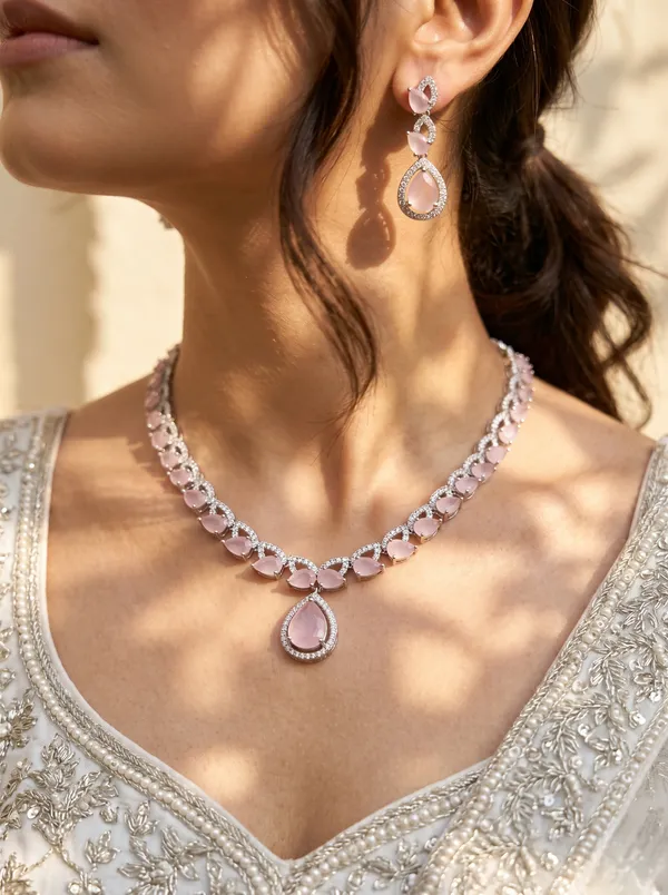 Pink_Alloy_Silver_Tone_Gemstone_Teardrop_Necklace_Set_For_Women