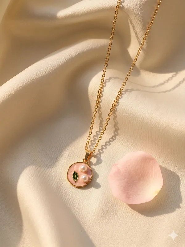 Pink_Alloy_Enamel_Pearl_Leaf_Round_Pendant_Necklace_For_Women