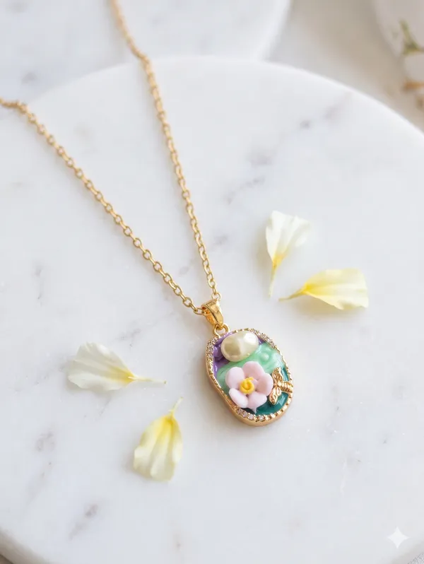 Green_Gold_Alloy_Floral_Enamel_Oval_Pendant_Necklace_For_Women